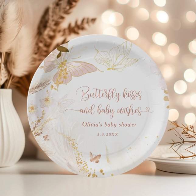 Boho gold foil butterfly kisses baby shower paper plate (Creator Uploaded)