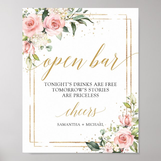 Boho gold frame blush pink floral open bar sign (Front)
