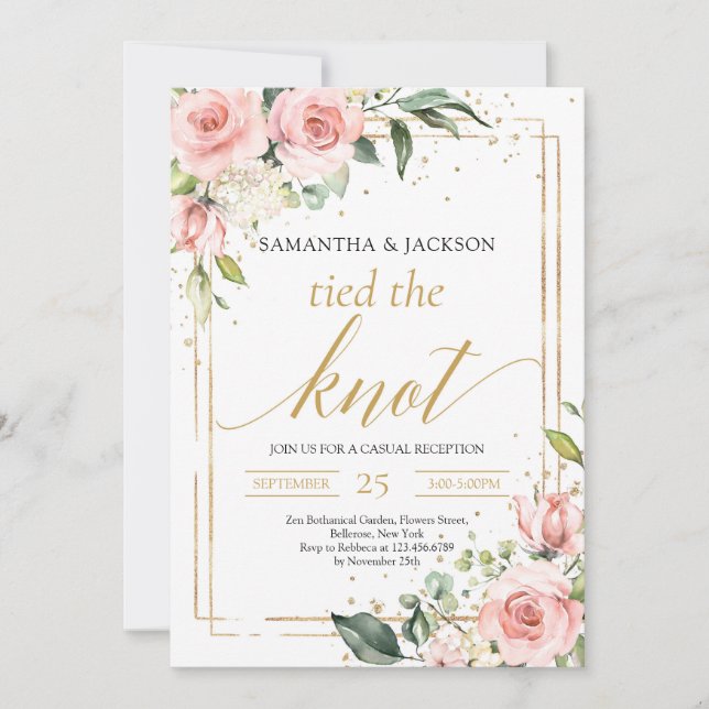 Boho Gold frame blush pink floral tied the knot Invitation (Front)