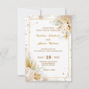 Boho Gold Glitter Pampas Grass & Orchid Wedding  Invitation