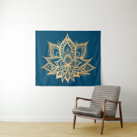 Boho Gold Lotus Flower Mandala Art Blue