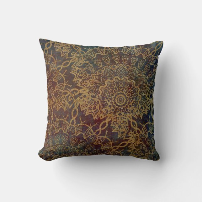 Boho Gold Mandala Pattern Over Blue Red Grunge Throw Pillow (Front)