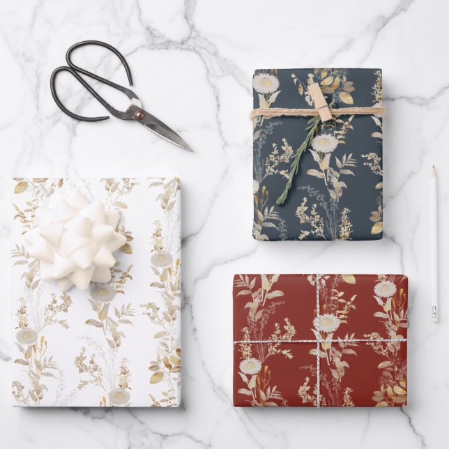 Boho Gold Red Blue White Wrapping Paper Set of 3 (Front)