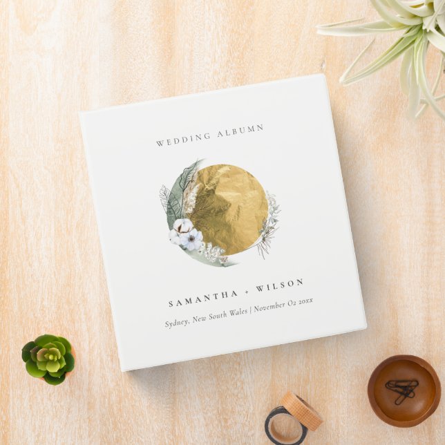 Boho Gold Saga Green Floral Wreath Wedding Binder (In Situ)