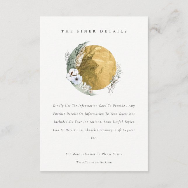 Boho Gold Saga Green Floral Wreath Wedding Detail Enclosure Card (Front)