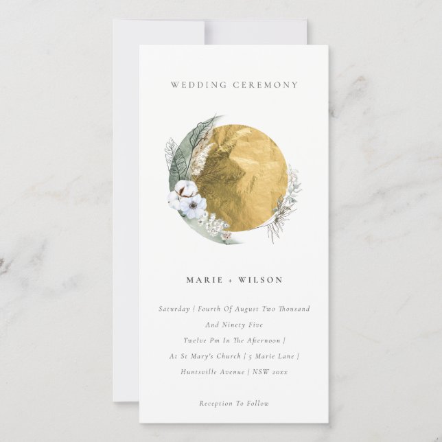 Boho Gold Saga Green Floral Wreath Wedding Invite (Front)