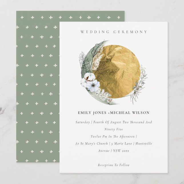 Boho Gold Saga Green Floral Wreath Wedding Invite (Front/Back)