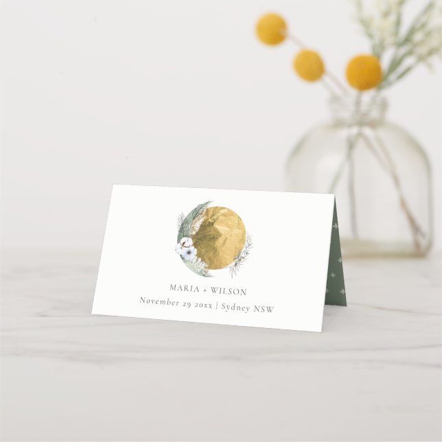 Boho Gold Saga Green Floral Wreath Wedding Place Card (Front)