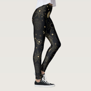 Boho Gold Space doodles Black Design Leggings