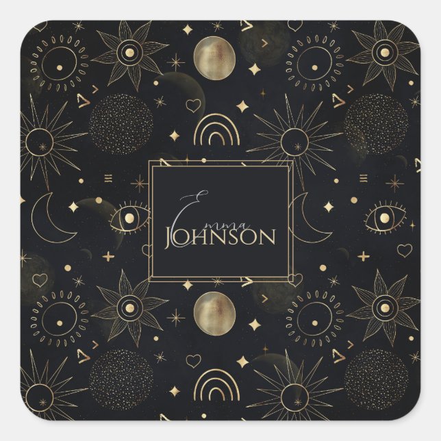 Boho Gold Space doodles Black Design Square Sticker (Front)