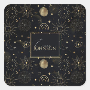 Boho Gold Space doodles Black Design Square Sticker