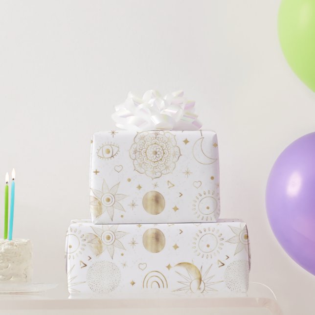 Boho Gold Space doodles White Design Wrapping Paper (Party Gifts)