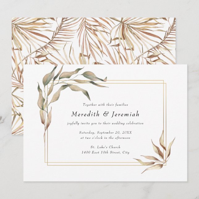 Boho Golden Greenery Faire-part de mariage (Devant / Derrière)