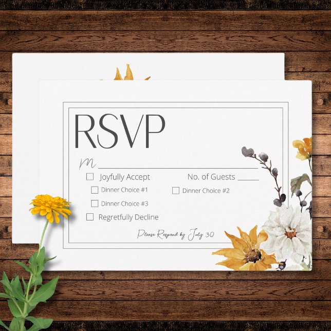 Boho Golden Yellow Meadow Flowers White Dinner RSVP Card (Boho Golden Yellow Meadow Flowers White Dinner RSVP Card)