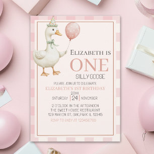 Boho Goose Birthday 1st for Girl – Pink Tartan  Invitation