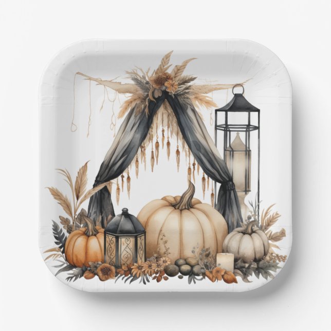 Boho Gothic Halloween Party - Pumpkins and Lantern Paper Plate (Front)