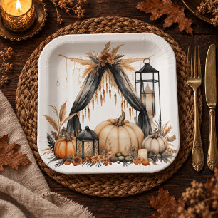Boho Gothic Halloween Party - Pumpkins and Lantern Paper Plate
