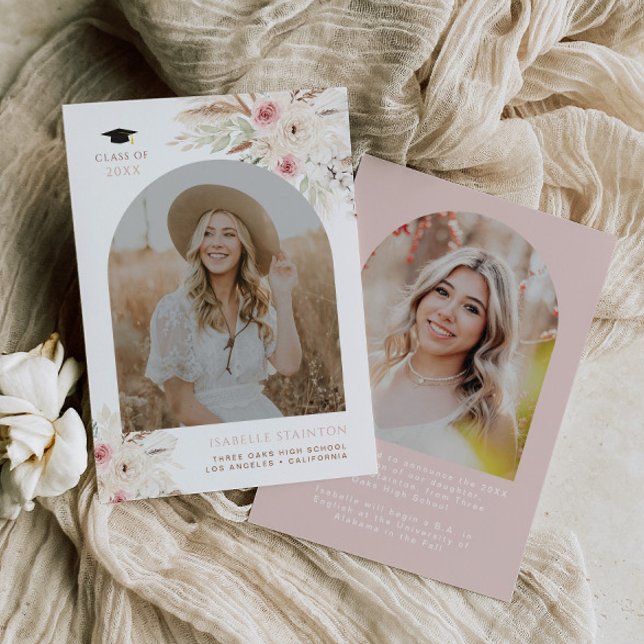 Boho Graduation Announcement Girl Grad Photo Pink  (Creator Uploaded)