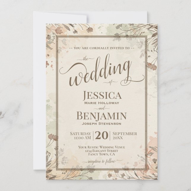 Boho Grasses & Wildflowers Stylish Script Wedding Invitation (Front)