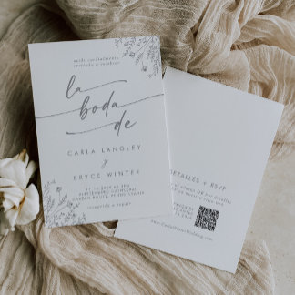Boho Gray Wildflower QR Code Spanish Wedding Invitation