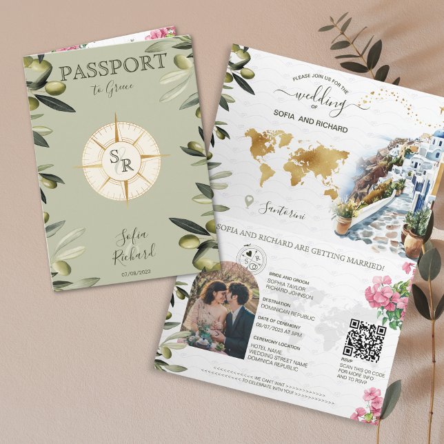 Boho Greece Destination Wedding Passport QR Code I Invitation (greece passport wedding invitation with olive branches and santorini watercolor illustration)