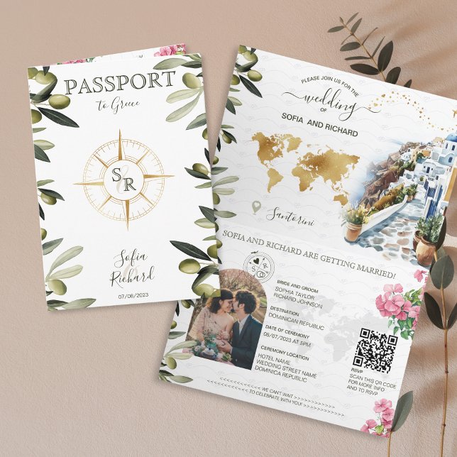 Boho Greece Destination Wedding Passport QR Code Invitation (greece passport wedding invitation with olive branches and santorini watercolor illustration)