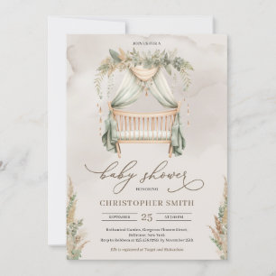 Boho green and brown pampas grass baby crib  invitation