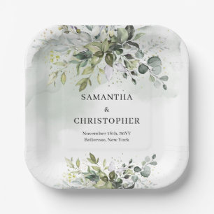 Boho green and gold eucalyptus foliage chic paper plate