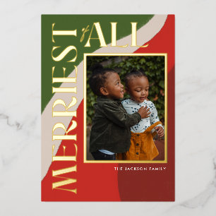 Boho Green and Red Swirl Photo Foil Holiday Card