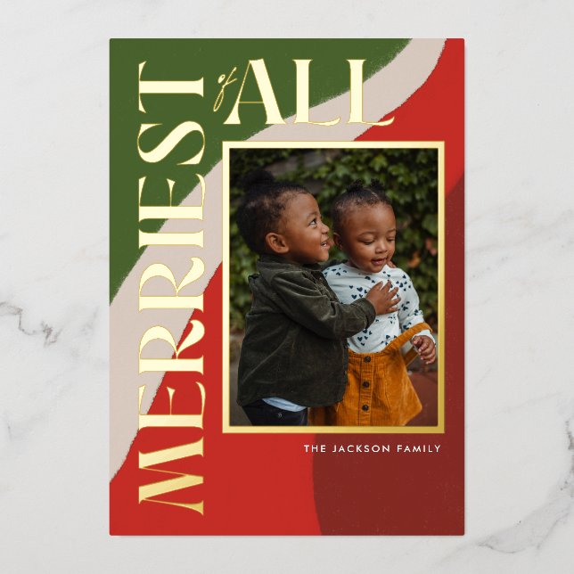 Boho Green and Red Swirl Photo Foil Holiday Card (Front)