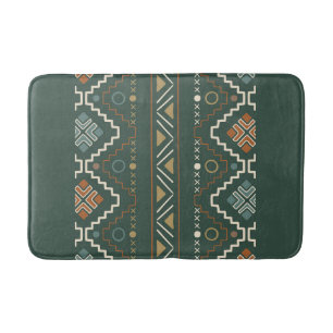 Boho Green and Terracotta Brown Tribal Pattern Bath Mat