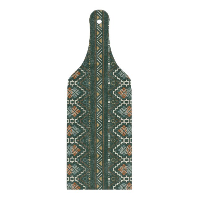 Boho Green and Terracotta Brown Tribal Pattern Cutting Board (Front)