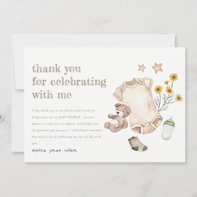Boho Green Baby Clothes Gender Neutral Baby Shower Thank You Card (Front)