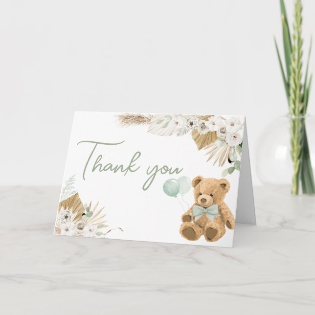 Boho Green Bear Baby Shower  Thank You Card (Front)