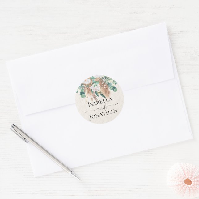 Boho Green Beige Eucalyptus Pampas Wedding Classic Round Sticker (Envelope)