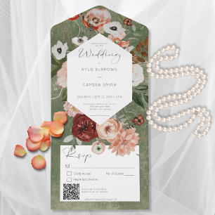Boho Green Burgundy Fall Floral QR Code All In One Invitation