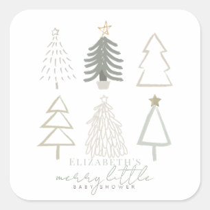 Boho Green Christmas Trees Baby Shower Square Sticker