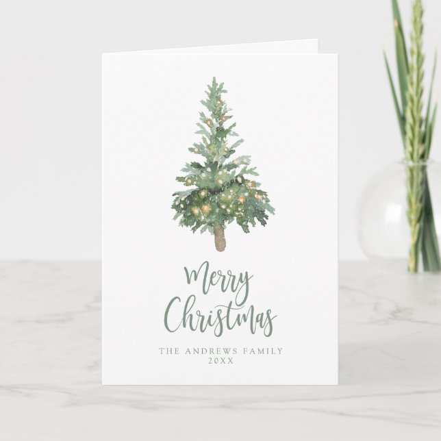 Boho Green Christmas Watercolor Tree Non-Photo Holiday Card (Front)