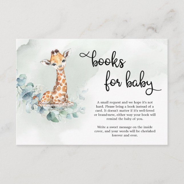 Boho green eucalyptus wreath giraffe book request enclosure card (Front)
