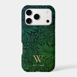Boho Green Floral Gold Monogram Name