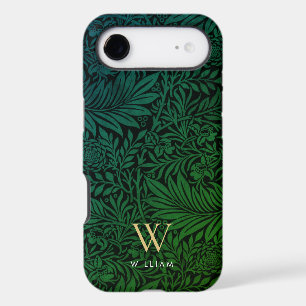 Boho Green Floral Gold Monogram Name