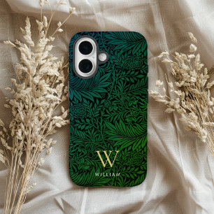 Boho Green Floral Gold Monogram Name iPhone 16 Case