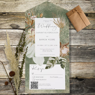 Boho Green Floral Grass QR Code All In One Invitation