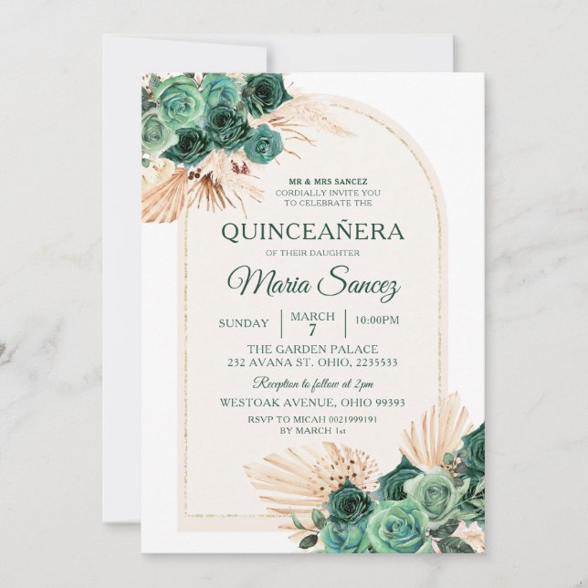 Boho Green Floral Mexican Quinceañera Invitation (Front)