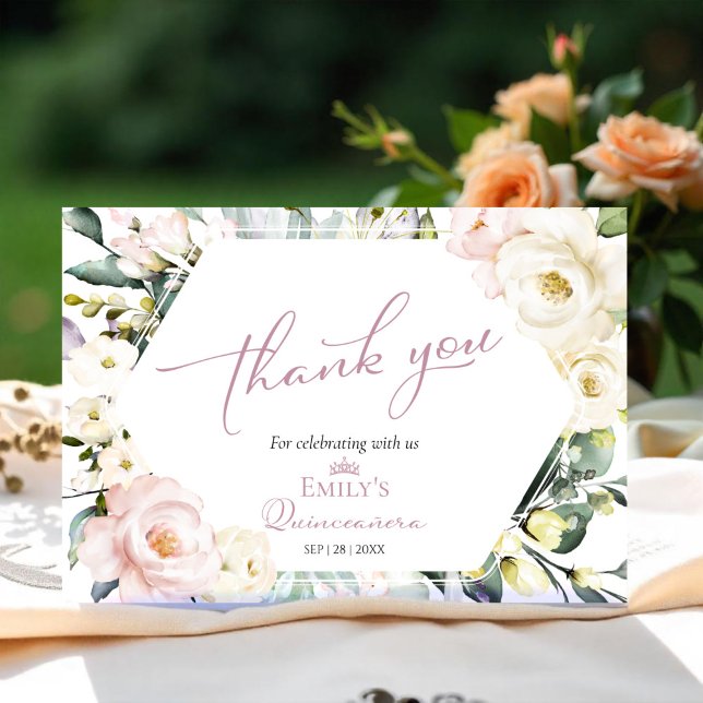 Boho Green Floral Quinceañera Merci Cartes (Créateur téléchargé)