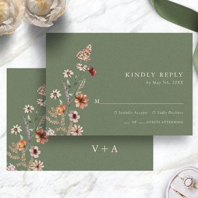Boho Green Floral RSVP Card (Boho Sage Green Wildflower RSVP Card with Butterfly by Painted Paperie
)
