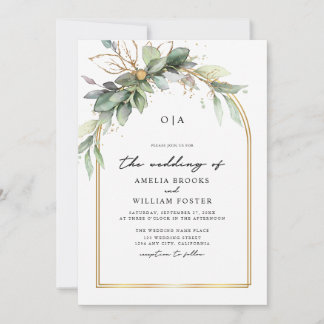 Boho Green & Gold Eucalyptus Monogram Wedding Invitation