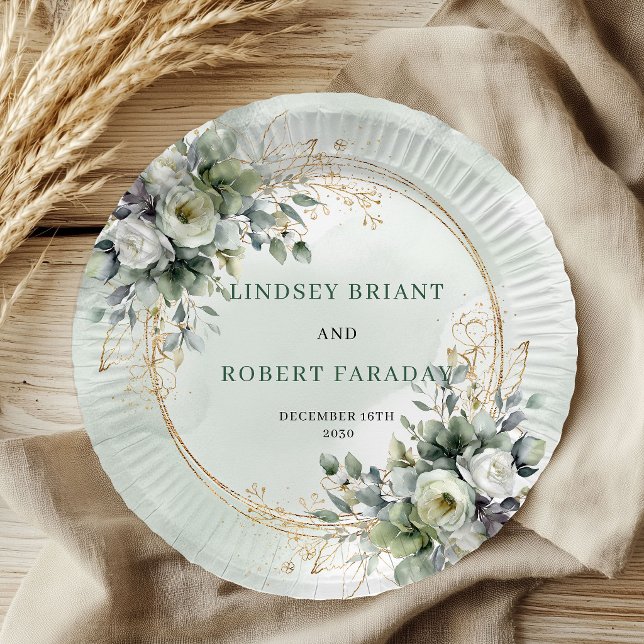 Boho Green Gold Personalized Eucalyptus Wedding  Paper Plate (Boho Green Gold Personalized Eucalyptus Wedding Plates)