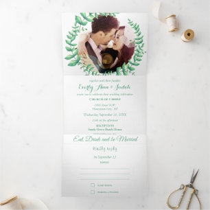 Boho Green Leaf Mint Green Ash Wreath Wedding Tri-Fold Invitation