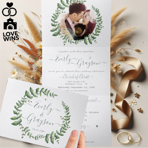 Boho Green Leaf Olive Green Ash Wreath Wedding Tri-Fold Invitation